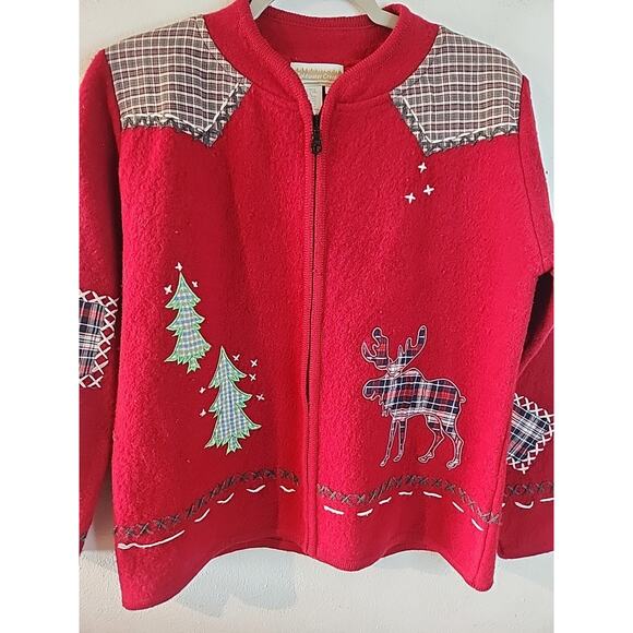 Coldwater Creek Red Wool Zip Cardigan Sweater S Holiday Christmas Embroidered - Picture 2 of 6
